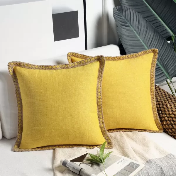 Phantoscope Pack of 2 Farmhouse Decorative Solid Throw Decorative Pillow Cover Burlap Linen Trimmed Tailored Edges Orange 18 x 18 inches 45 x 45 cmYellow