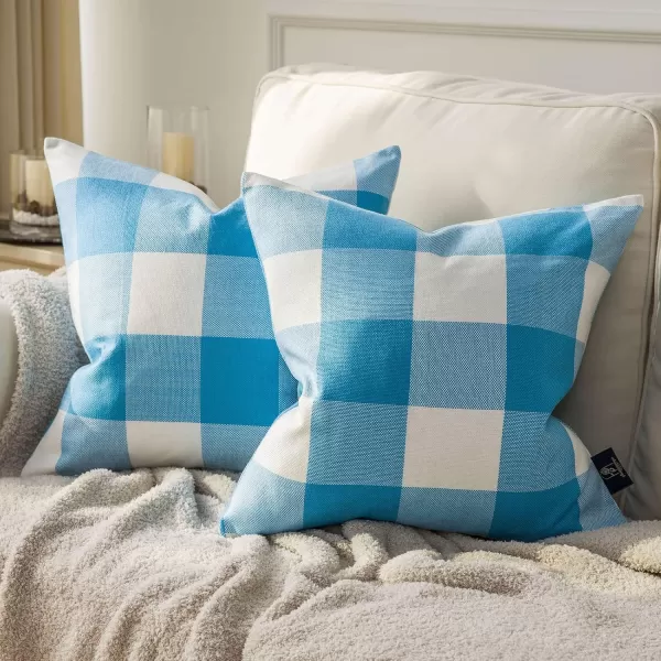 Phantoscope Pack of 2 Gingham Buffalo Check Plaid Throw Decorative Pillow Cover Outdoor Indoor Throw Pillows Farmhouse Square Pillow Cases for Home Decor Navy Blue18 x 18 InchesLight Blue