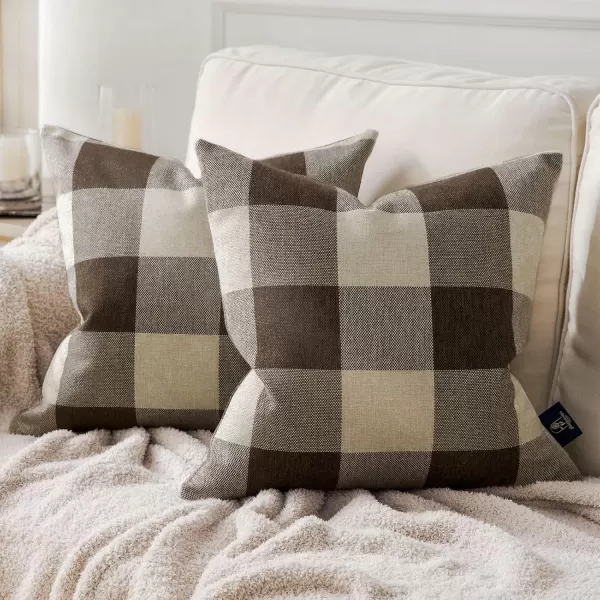 Phantoscope Pack of 2 Gingham Buffalo Check Plaid Throw Decorative Pillow Cover Outdoor Indoor Throw Pillows Farmhouse Square Pillow Cases for Home Decor Navy Blue18 x 18 InchesCoffee