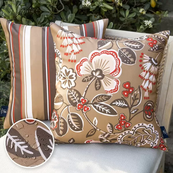 Phantoscope Pack of 2 Outdoor Indoor Throw Decorative Pillow Cover Floral Waterproof Patio Pillows Cushion Case for Couch Tent Park Off White 18 x 18 InchesLight Coffee