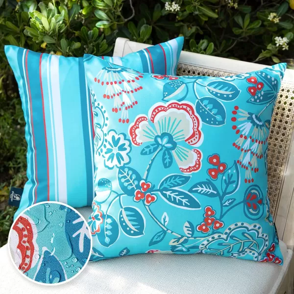 Phantoscope Pack of 2 Outdoor Indoor Throw Decorative Pillow Cover Floral Waterproof Patio Pillows Cushion Case for Couch Tent Park Off White 18 x 18 InchesTurquoise