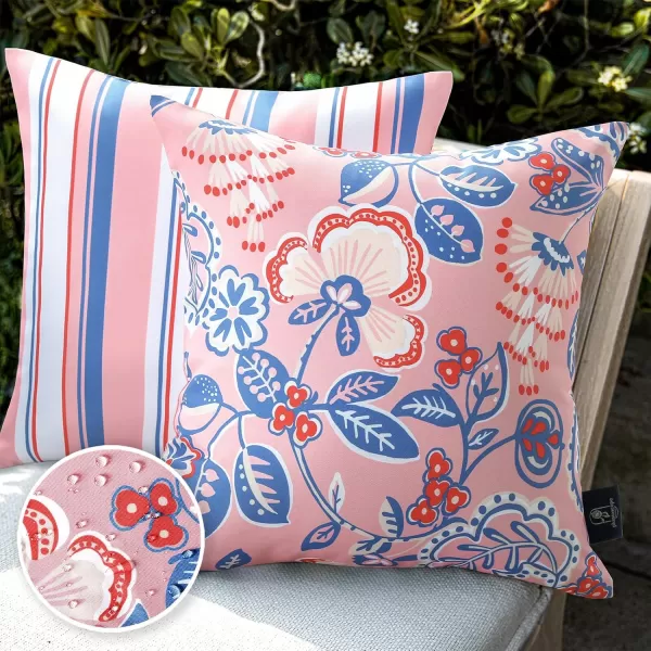 Phantoscope Pack of 2 Outdoor Indoor Throw Decorative Pillow Cover Floral Waterproof Patio Pillows Cushion Case for Couch Tent Park Off White 18 x 18 InchesPink