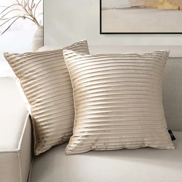 Phantoscope Pack of 2 Velvet Decorative Throw Pillow Covers  Crushed Velvet Handmade Pleated Design  Soft Solid Square Pillow Case for Couch Bed and Chair Beige 18 x 18 inches 45 x 45 cmBeige