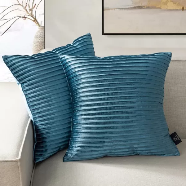 Phantoscope Pack of 2 Velvet Decorative Throw Pillow Covers  Crushed Velvet Handmade Pleated Design  Soft Solid Square Pillow Case for Couch Bed and Chair Beige 18 x 18 inches 45 x 45 cmLake Blue