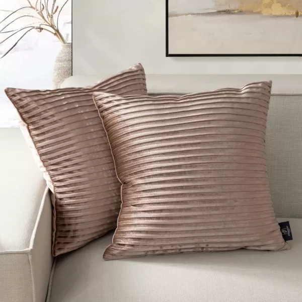 Phantoscope Pack of 2 Velvet Decorative Throw Pillow Covers  Crushed Velvet Handmade Pleated Design  Soft Solid Square Pillow Case for Couch Bed and Chair Beige 18 x 18 inches 45 x 45 cmLight Coffee