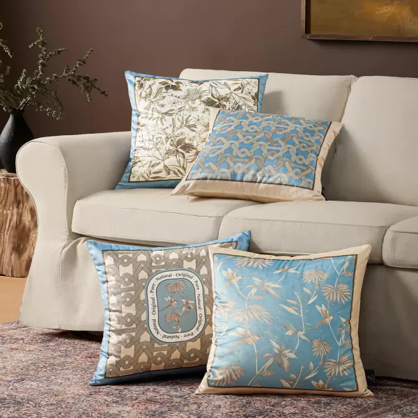 Phantoscope Pack of 4 Velvet Throw Pillow Covers Decorative Soft Velvet Pillows Vintage Chinoiserie Pillow Covers Square Cushion Case for Couch Bed Sofa BlueGreyWhite 18x18 inchesLight Blue
