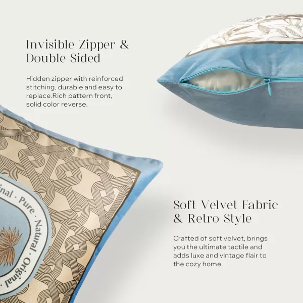 Phantoscope Pack of 4 Velvet Throw Pillow Covers Decorative Soft Velvet Pillows Vintage Chinoiserie Pillow Covers Square Cushion Case for Couch Bed Sofa BlueGreyWhite 18x18 inchesLight Blue