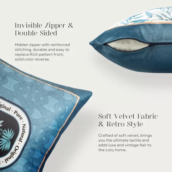 Phantoscope Pack of 4 Velvet Throw Pillow Covers Decorative Soft Velvet Pillows Vintage Chinoiserie Pillow Covers Square Cushion Case for Couch Bed Sofa BlueGreyWhite 18x18 inchesBlue