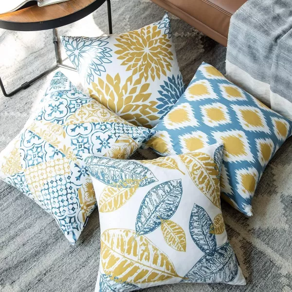 Phantoscope Set of 4 New Living Series Halloween Velvet Pillows Leaf Geometric Throw Decorative Fall Velvet Pillow Cover Cushion Cover Orange and Black 18 x 18 inches 45 x 45 cmYellow and Blue