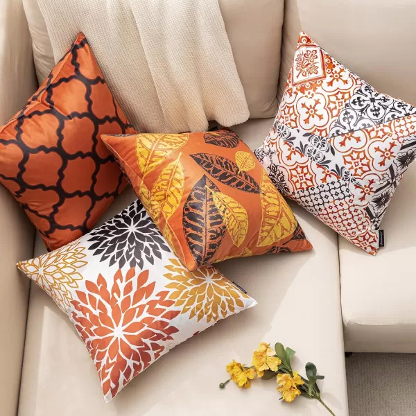 Phantoscope Set of 4 New Living Series Halloween Velvet Pillows Leaf Geometric Throw Decorative Fall Velvet Pillow Cover Cushion Cover Orange and Black 18 x 18 inches 45 x 45 cmOrangeBlack