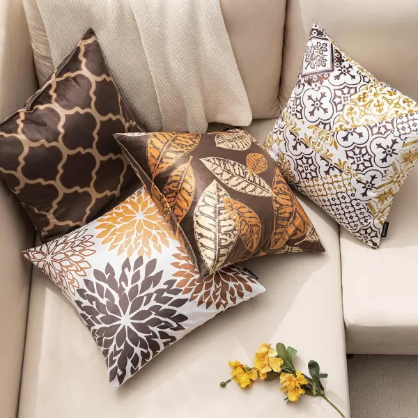 Phantoscope Set of 4 New Living Series Halloween Velvet Pillows Leaf Geometric Throw Decorative Fall Velvet Pillow Cover Cushion Cover Orange and Black 18 x 18 inches 45 x 45 cmDark Coffee