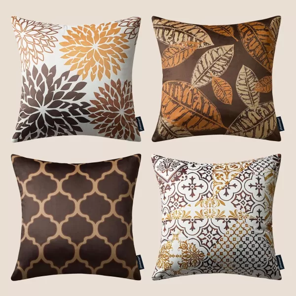 Phantoscope Set of 4 New Living Series Halloween Velvet Pillows Leaf Geometric Throw Decorative Fall Velvet Pillow Cover Cushion Cover Orange and Black 18 x 18 inches 45 x 45 cmDark Coffee