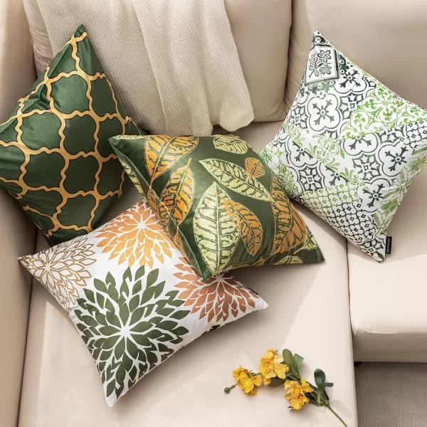 Phantoscope Set of 4 New Living Series Halloween Velvet Pillows Leaf Geometric Throw Decorative Fall Velvet Pillow Cover Cushion Cover Orange and Black 18 x 18 inches 45 x 45 cmMustardOlive