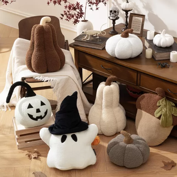 Phantoscope Teddy Fleece Pumpkin Throw Pillows Happy Halloween Sherpa Fall Decorative Pumpkin Shaped Pillow Cute 3D Shaped Cushion OffWhite 6 x 12 inchesDark Brown