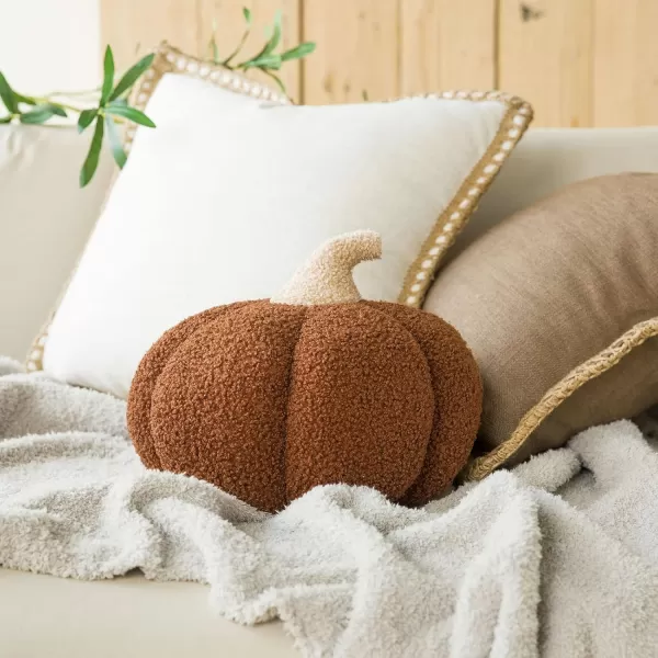 Phantoscope Teddy Fleece Pumpkin Throw Pillows Happy Halloween Sherpa Fall Decorative Pumpkin Shaped Pillow Cute 3D Shaped Cushion OffWhite 6 x 12 inchesBrown