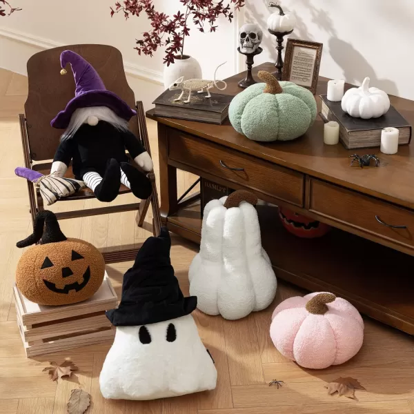 Phantoscope Teddy Fleece Pumpkin Throw Pillows Happy Halloween Sherpa Fall Decorative Pumpkin Shaped Pillow Cute 3D Shaped Cushion OffWhite 6 x 12 inchesSage Green