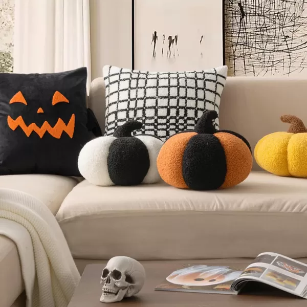 Phantoscope Teddy Fleece Pumpkin Throw Pillows Happy Halloween Sherpa Fall Decorative Pumpkin Shaped Pillow Cute 3D Shaped Cushion OffWhite 6 x 12 inchesPumpkin Orange