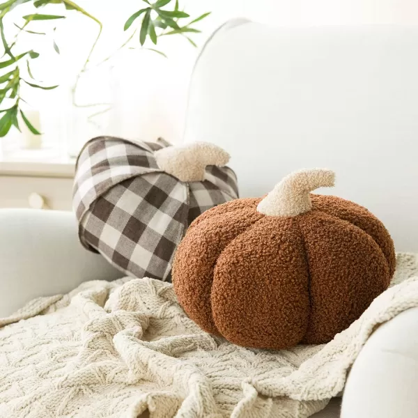 Phantoscope Teddy Fleece Pumpkin Throw Pillows Happy Halloween Sherpa Fall Decorative Pumpkin Shaped Pillow Cute 3D Shaped Cushion OffWhite 6 x 12 inchesBrown