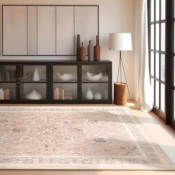 Phantoscope Vintage Collection Area Rug 6x9  Large Living Room Rug  Washable Rug Boho Rugs NonSlip for Bedroom Dining Room LowPile Floor Carpet Distressed Accent Rug BeigeNeutralSoft Pink  Beige
