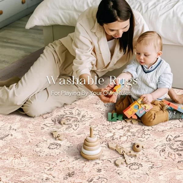 Phantoscope Vintage Collection Area Rug 6x9  Large Living Room Rug  Washable Rug Boho Rugs NonSlip for Bedroom Dining Room LowPile Floor Carpet Distressed Accent Rug BeigeNeutralSoft Pink  Beige
