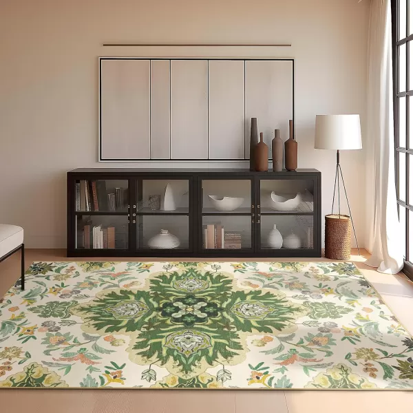 Phantoscope Vintage Collection Round Area Rug 6ft Washable NonSlip Round Rug Large Circle Rug LowPile Floral Painting Boho Carpet for Living Room Bedroom Kitchen Dining Room Forest GreenCreamForest GreenCream