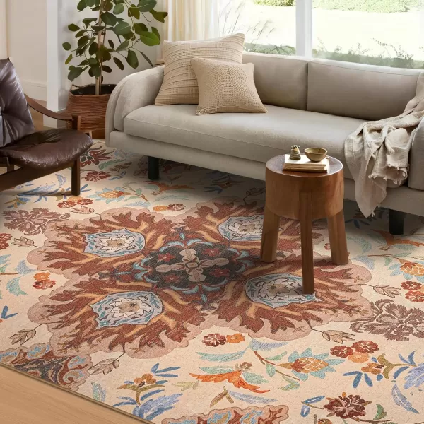Phantoscope Vintage Collection Round Area Rug 6ft Washable NonSlip Round Rug Large Circle Rug LowPile Floral Painting Boho Carpet for Living Room Bedroom Kitchen Dining Room Forest GreenCreamRustMulti Floral