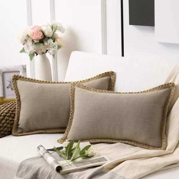 Phantoscope Pack of 2 Farmhouse Decorative Solid Throw Decorative Pillow Cover Burlap Linen Trimmed Tailored Edges Orange 18 x 18 inches 45 x 45 cmBeige