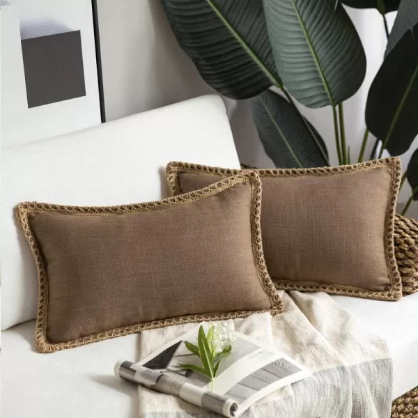 Phantoscope Pack of 2 Farmhouse Decorative Solid Throw Decorative Pillow Cover Burlap Linen Trimmed Tailored Edges Orange 18 x 18 inches 45 x 45 cmCoffee