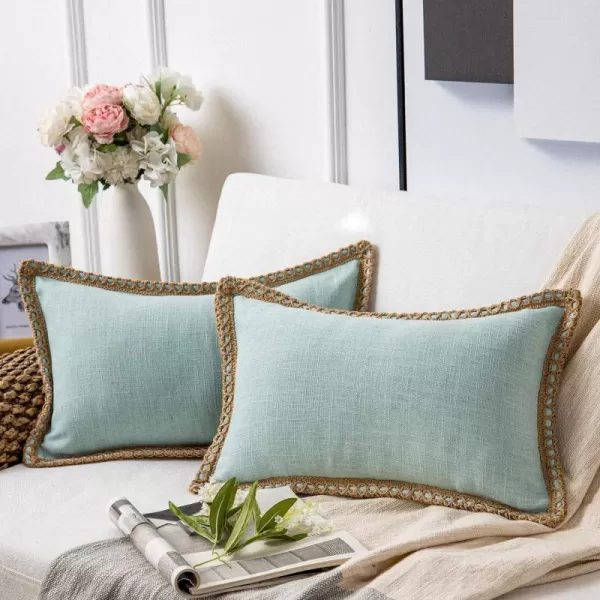 Phantoscope Pack of 2 Farmhouse Decorative Solid Throw Decorative Pillow Cover Burlap Linen Trimmed Tailored Edges Orange 18 x 18 inches 45 x 45 cmLight Turquoise