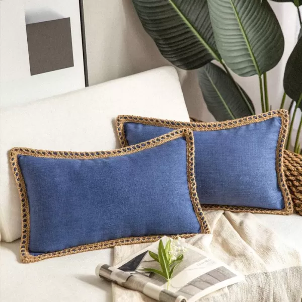Phantoscope Pack of 2 Farmhouse Decorative Solid Throw Decorative Pillow Cover Burlap Linen Trimmed Tailored Edges Orange 18 x 18 inches 45 x 45 cmNavy Blue