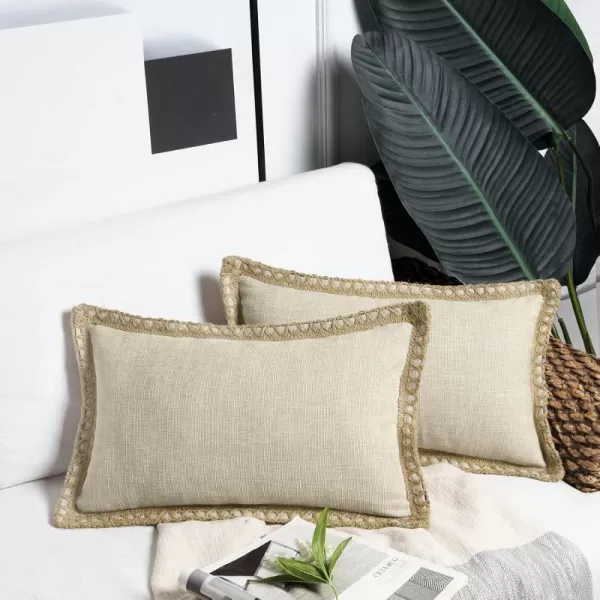Phantoscope Pack of 2 Farmhouse Decorative Solid Throw Decorative Pillow Cover Burlap Linen Trimmed Tailored Edges Orange 18 x 18 inches 45 x 45 cmOatmeal