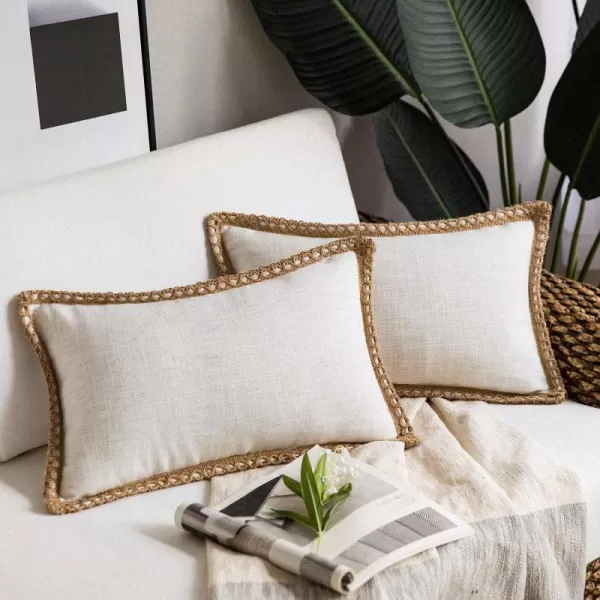 Phantoscope Pack of 2 Farmhouse Decorative Solid Throw Decorative Pillow Cover Burlap Linen Trimmed Tailored Edges Orange 18 x 18 inches 45 x 45 cmOff White