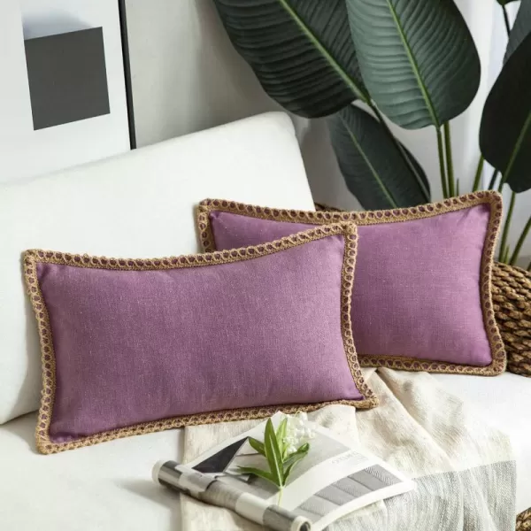 Phantoscope Pack of 2 Farmhouse Decorative Solid Throw Decorative Pillow Cover Burlap Linen Trimmed Tailored Edges Orange 18 x 18 inches 45 x 45 cmPurple