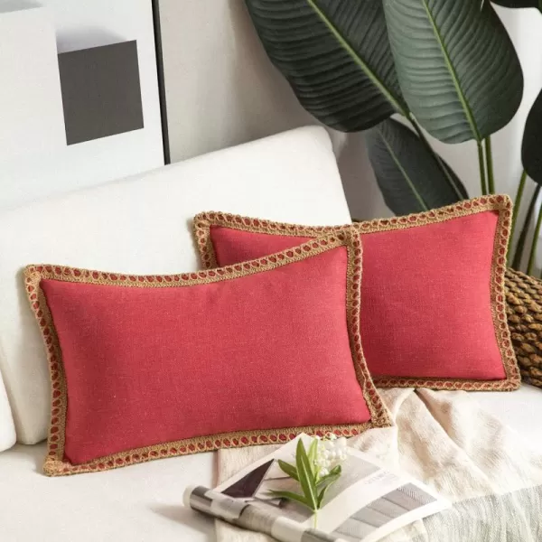 Phantoscope Pack of 2 Farmhouse Decorative Solid Throw Decorative Pillow Cover Burlap Linen Trimmed Tailored Edges Orange 18 x 18 inches 45 x 45 cmRed