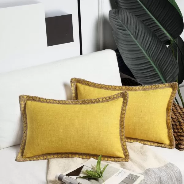 Phantoscope Pack of 2 Farmhouse Decorative Solid Throw Decorative Pillow Cover Burlap Linen Trimmed Tailored Edges Orange 18 x 18 inches 45 x 45 cmYellow