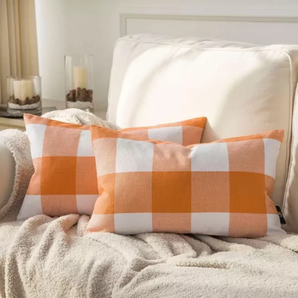 Phantoscope Pack of 2 Gingham Buffalo Check Plaid Throw Decorative Pillow Cover Outdoor Indoor Throw Pillows Farmhouse Square Pillow Cases for Home Decor Navy Blue18 x 18 InchesOrange