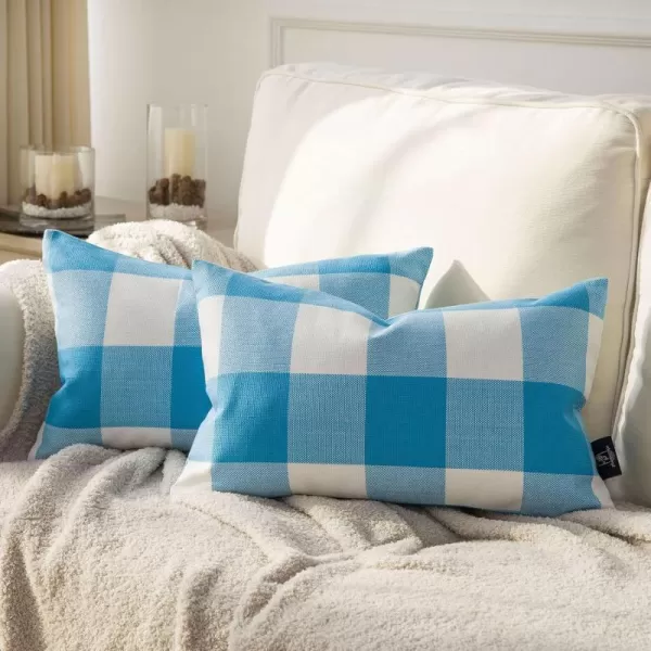 Phantoscope Pack of 2 Gingham Buffalo Check Plaid Throw Decorative Pillow Cover Outdoor Indoor Throw Pillows Farmhouse Square Pillow Cases for Home Decor Navy Blue18 x 18 InchesLight Blue
