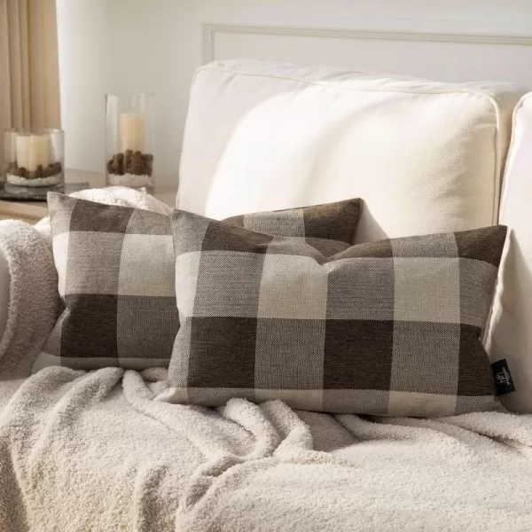 Phantoscope Pack of 2 Gingham Buffalo Check Plaid Throw Decorative Pillow Cover Outdoor Indoor Throw Pillows Farmhouse Square Pillow Cases for Home Decor Navy Blue18 x 18 InchesCoffee