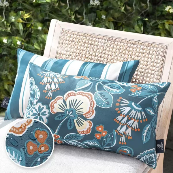 Phantoscope Pack of 2 Outdoor Indoor Throw Decorative Pillow Cover Floral Waterproof Patio Pillows Cushion Case for Couch Tent Park Off White 18 x 18 InchesDark Blue