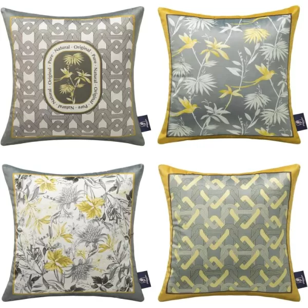 Phantoscope Pack of 4 Velvet Throw Pillow Covers Decorative Soft Velvet Pillows Vintage Chinoiserie Pillow Covers Square Cushion Case for Couch Bed Sofa BlueGreyWhite 18x18 inchesYellow