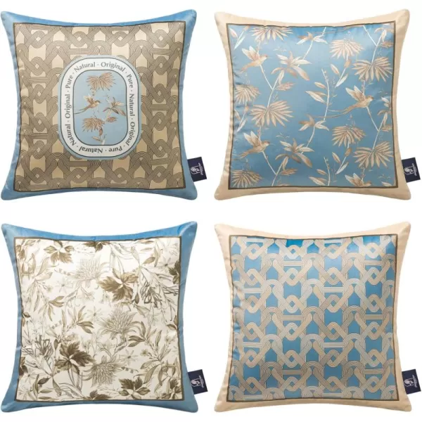 Phantoscope Pack of 4 Velvet Throw Pillow Covers Decorative Soft Velvet Pillows Vintage Chinoiserie Pillow Covers Square Cushion Case for Couch Bed Sofa BlueGreyWhite 18x18 inchesLight Blue
