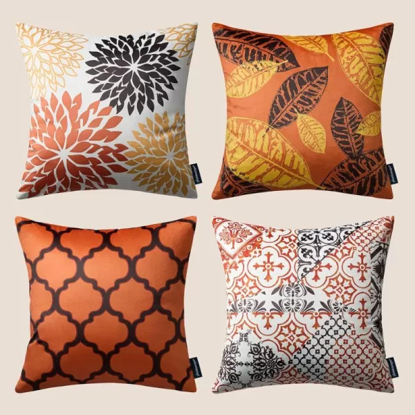 Phantoscope Set of 4 New Living Series Halloween Velvet Pillows Leaf Geometric Throw Decorative Fall Velvet Pillow Cover Cushion Cover Orange and Black 18 x 18 inches 45 x 45 cmOrangeBlack