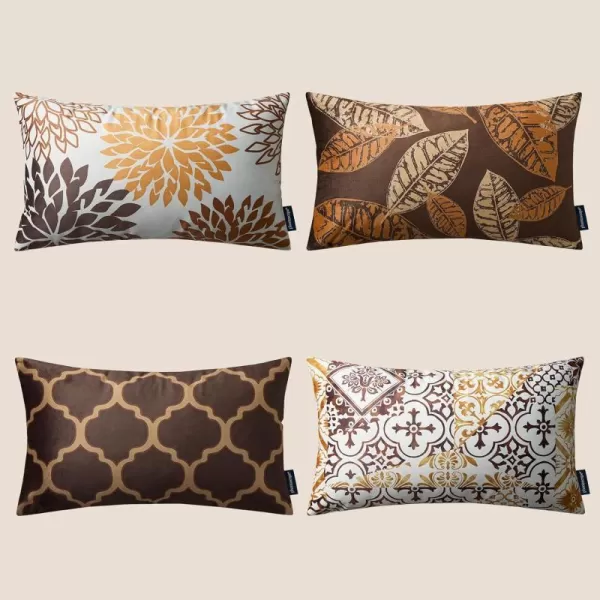 Phantoscope Set of 4 New Living Series Halloween Velvet Pillows Leaf Geometric Throw Decorative Fall Velvet Pillow Cover Cushion Cover Orange and Black 18 x 18 inches 45 x 45 cmDark Coffee