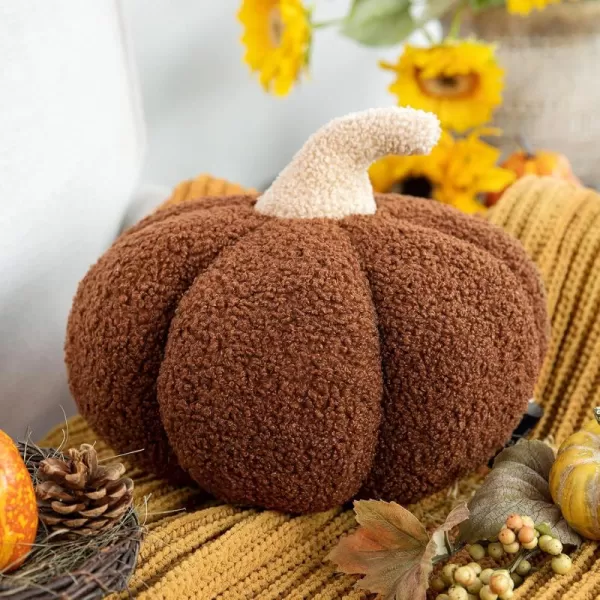 Phantoscope Teddy Fleece Pumpkin Throw Pillows Happy Halloween Sherpa Fall Decorative Pumpkin Shaped Pillow Cute 3D Shaped Cushion OffWhite 6 x 12 inchesBrown
