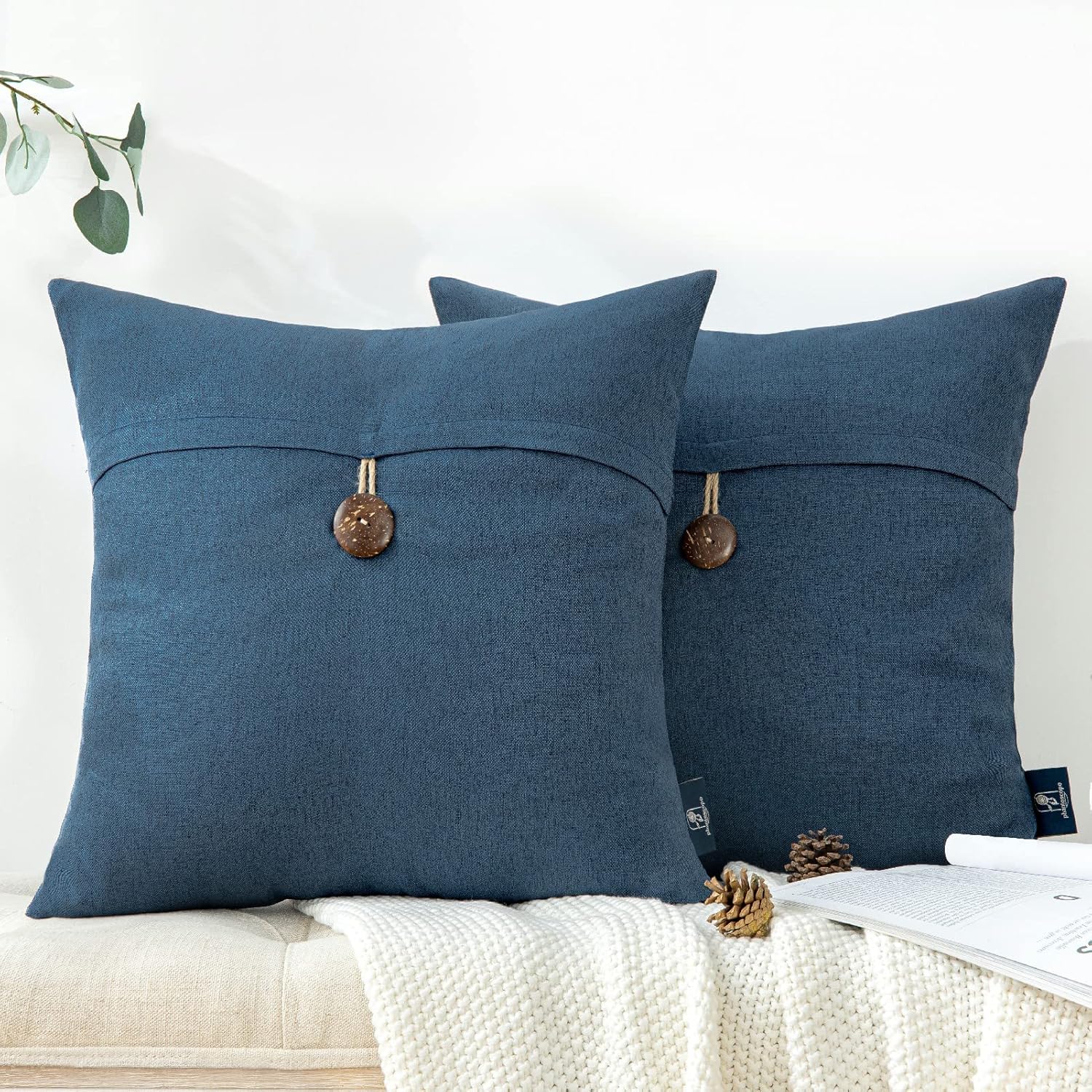 Phantoscope Pack of 2 Farmhouse Throw Pillow Covers Button Vintage Linen Decorative Pillow Cases for Couch Bed and Chair Beige 18 x 18 inches 45 x 45 cmNavy Blue