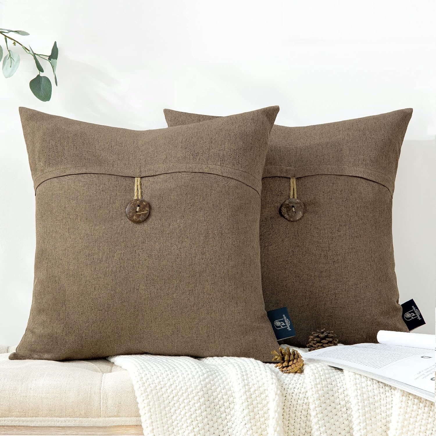 Phantoscope Pack of 2 Farmhouse Throw Pillow Covers Button Vintage Linen Decorative Pillow Cases for Couch Bed and Chair Beige 18 x 18 inches 45 x 45 cmCoffee