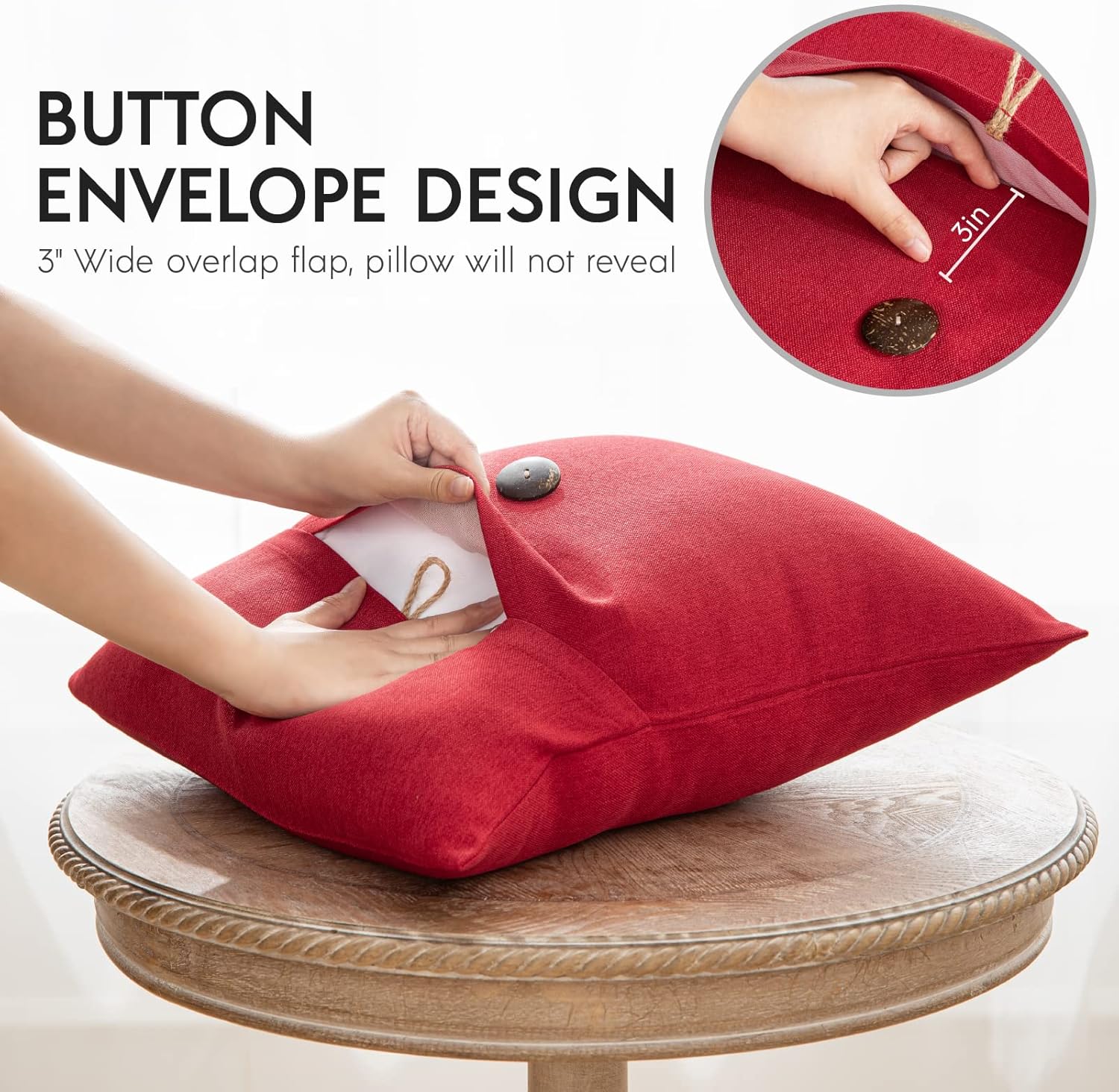 Phantoscope Pack of 2 Farmhouse Throw Pillow Covers Button Vintage Linen Decorative Pillow Cases for Couch Bed and Chair Beige 18 x 18 inches 45 x 45 cmRed