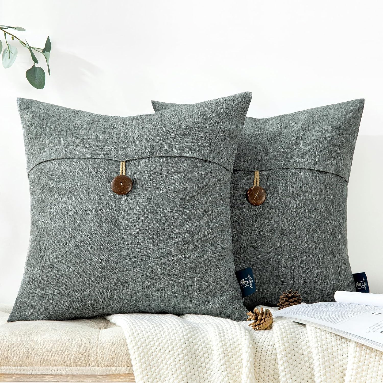 Phantoscope Pack of 2 Farmhouse Throw Pillow Covers Button Vintage Linen Decorative Pillow Cases for Couch Bed and Chair Beige 18 x 18 inches 45 x 45 cmGray
