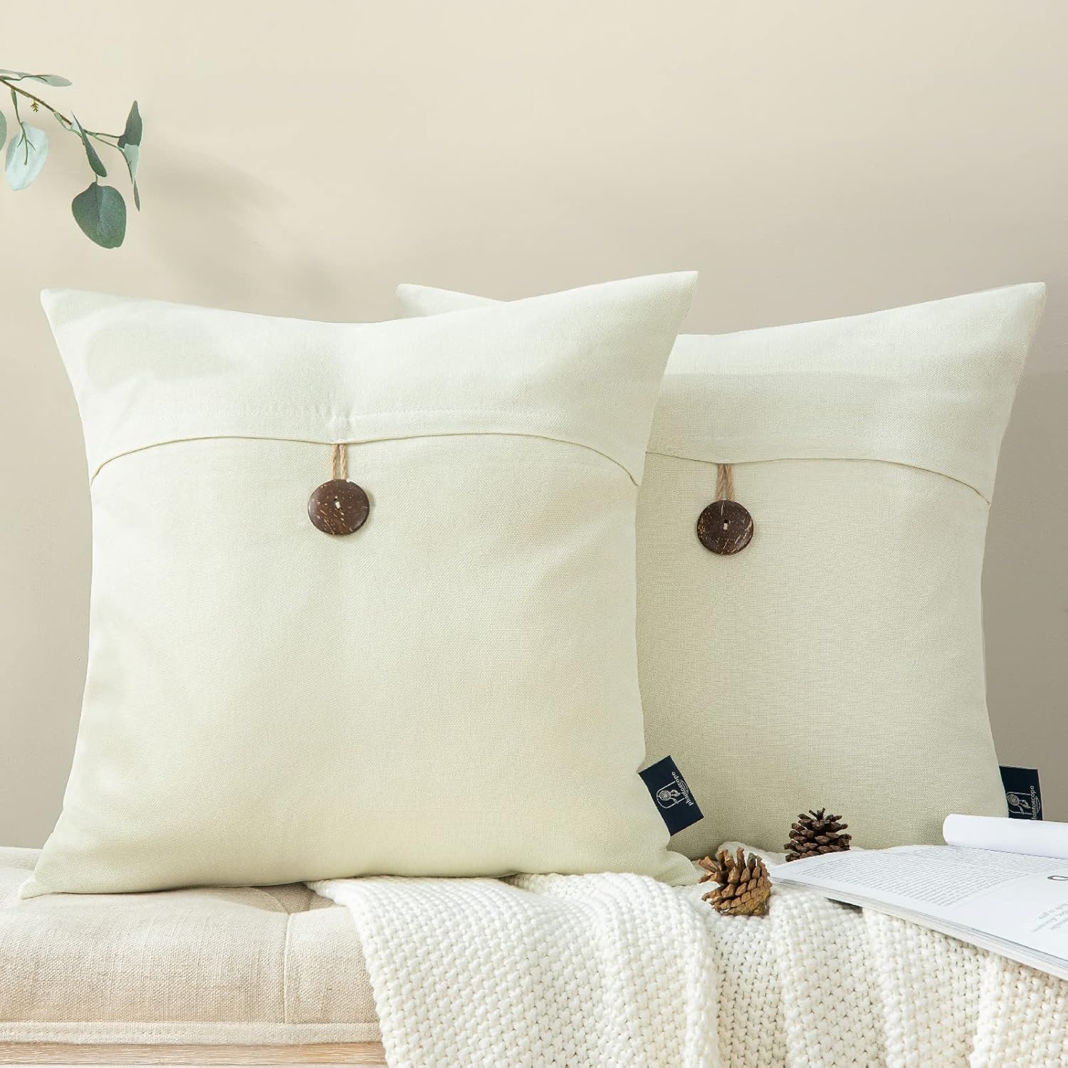 Phantoscope Pack of 2 Farmhouse Throw Pillow Covers Button Vintage Linen Decorative Pillow Cases for Couch Bed and Chair Beige 18 x 18 inches 45 x 45 cmCream White