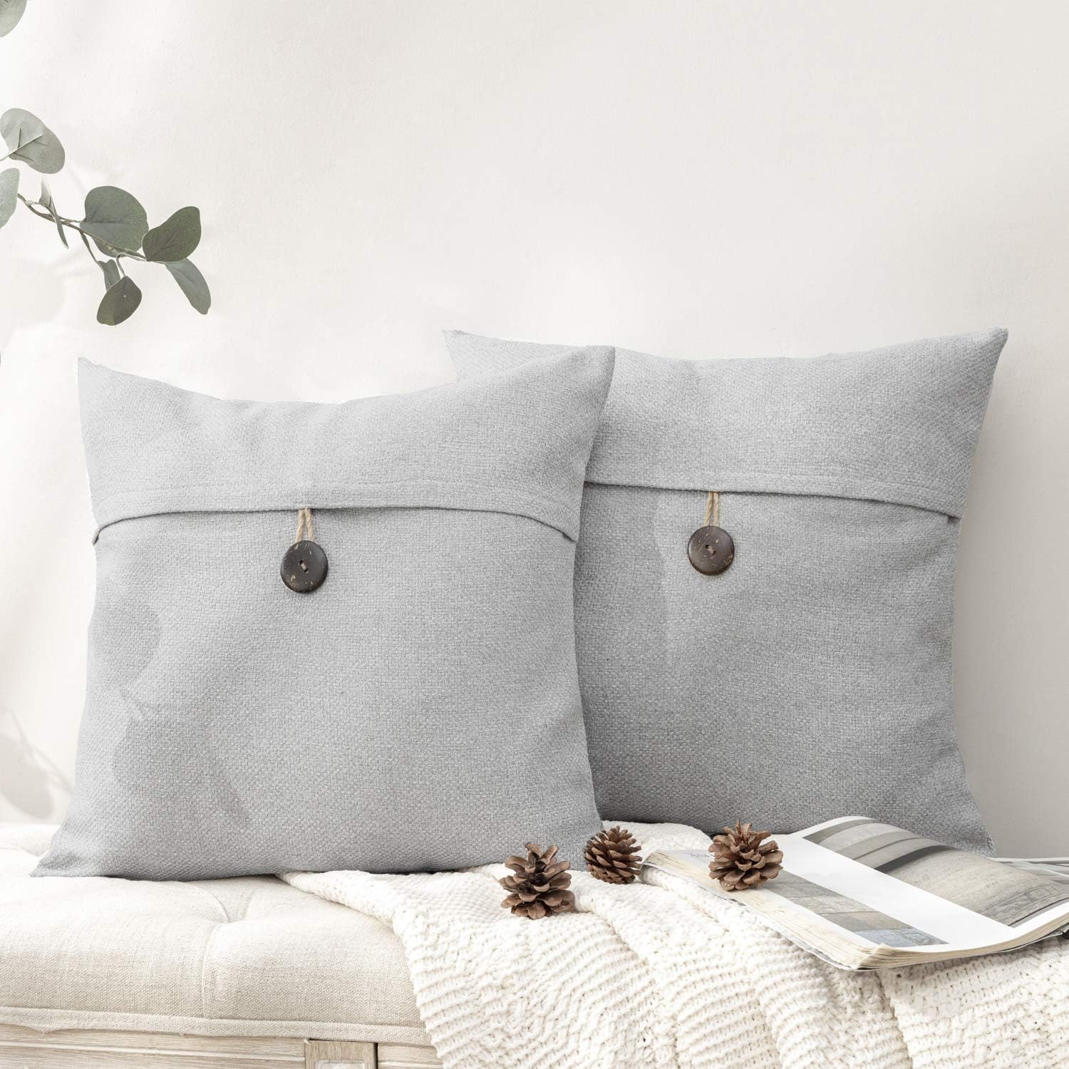 Phantoscope Pack of 2 Farmhouse Throw Pillow Covers Button Vintage Linen Decorative Pillow Cases for Couch Bed and Chair Beige 18 x 18 inches 45 x 45 cmLight Grey